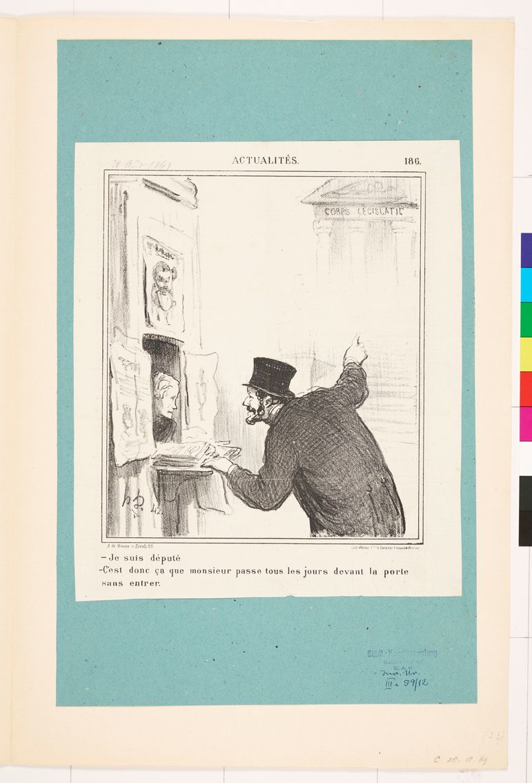 Zeichnung. Eine Frau an einem Verkaufsfenster und ein fein gekleideter Mann. Er zeigt auf ein antikes Gebäude.