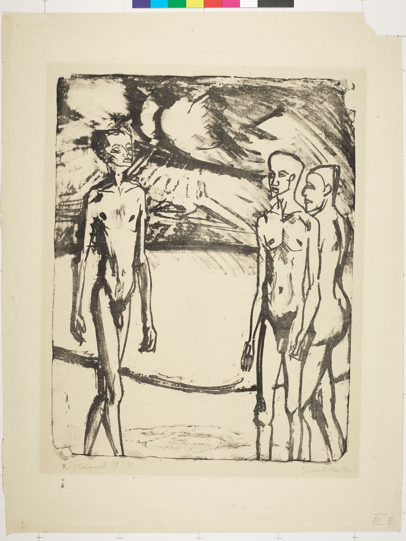 Abstrakte Darstellung. Drei nackte Jungs am Strand (Schwarz-Weiß).