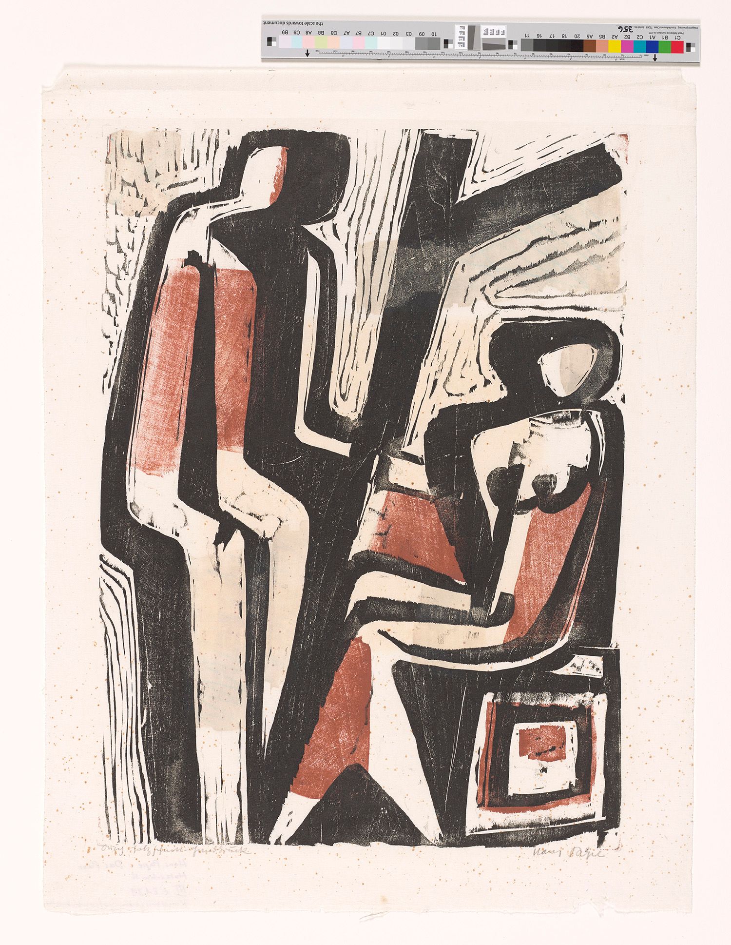 Zwei abstrahierte Figuren; ein stehender Mann links und eine sitzende Frau rechts. 