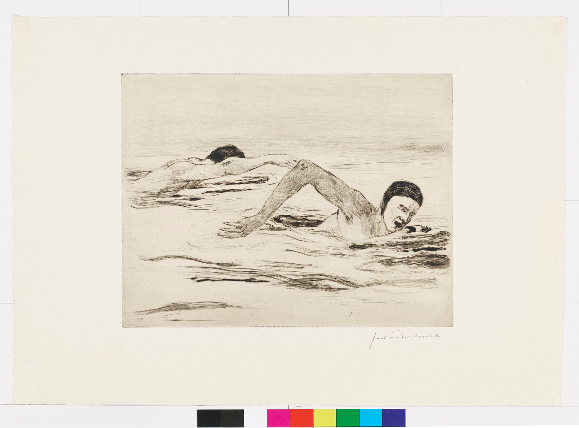 Zeichnung von zwei Männern beim Schwimmen.