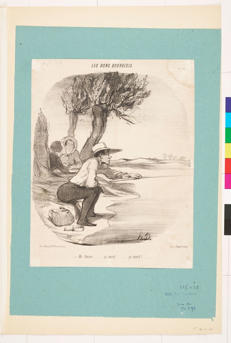 Zeichnung. Ein im Sitzt angelnder Mann. Im Hintergrund sitzen eine Frau und ein Junge.