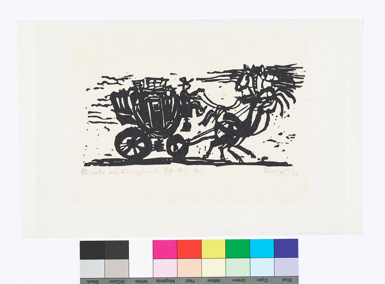 Abstraktes Bildmotiv. Eine Kutsche mit einem Fahrer und zwei Pferden.