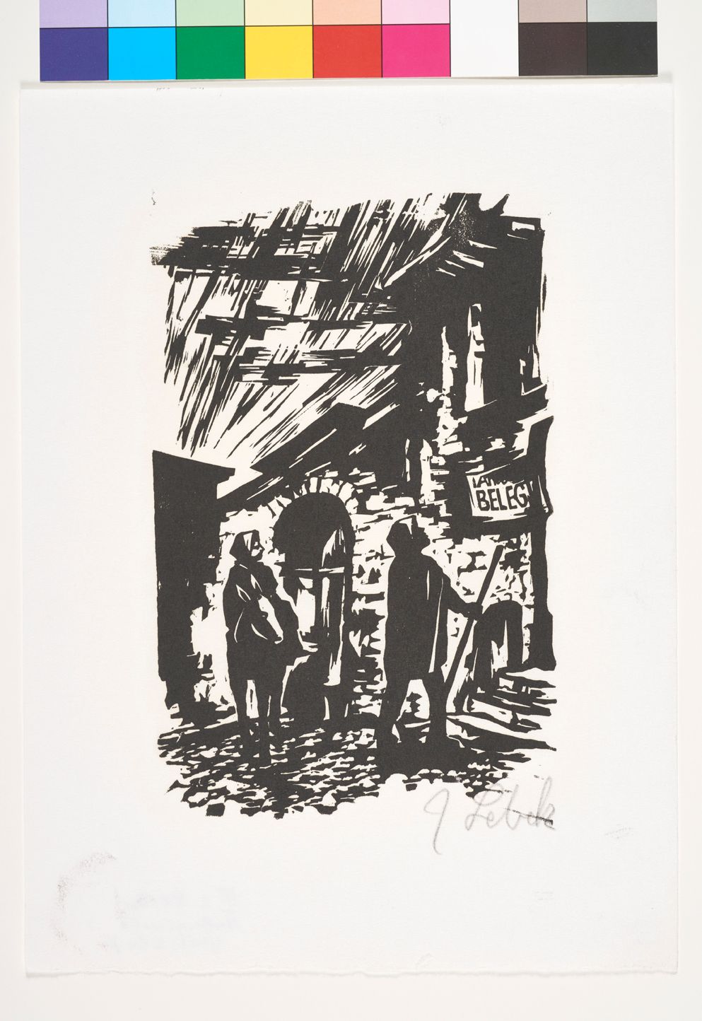 Maria auf einem Esel und Josef stehen vor dem Tor einer Herberge mit einem Schild auf dem steht: Belegt