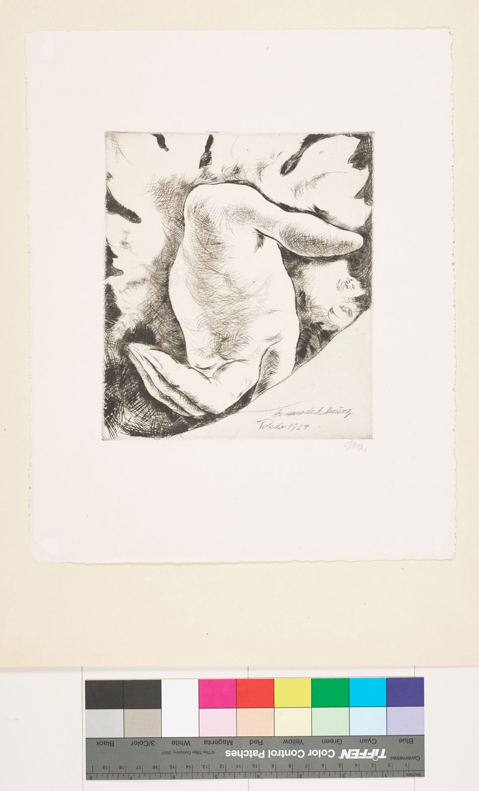 Radierung. Eine einladende Handfläche mit Rüschenärmel auf schwarzem Untergrund.