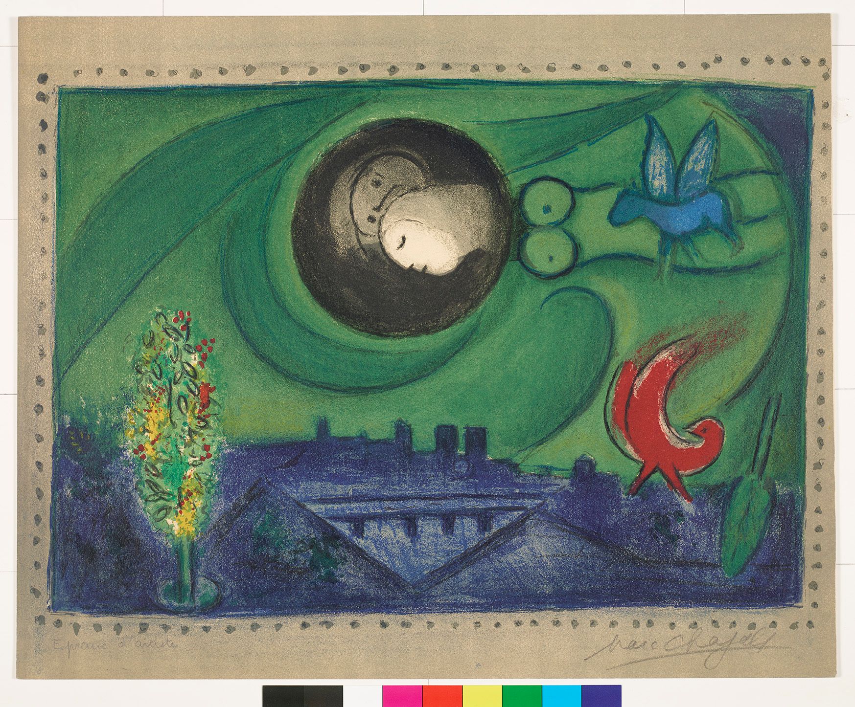 Abstraktes Bildmotiv des Nachthimmels mit grünem Untergrund. In dem Mond sind zwei Gesichter, von dem ein Körper im Himmel schwebt. Zwei Phantasietiere über einer Stadtaussicht und ein kleiner geschmückter Baum.