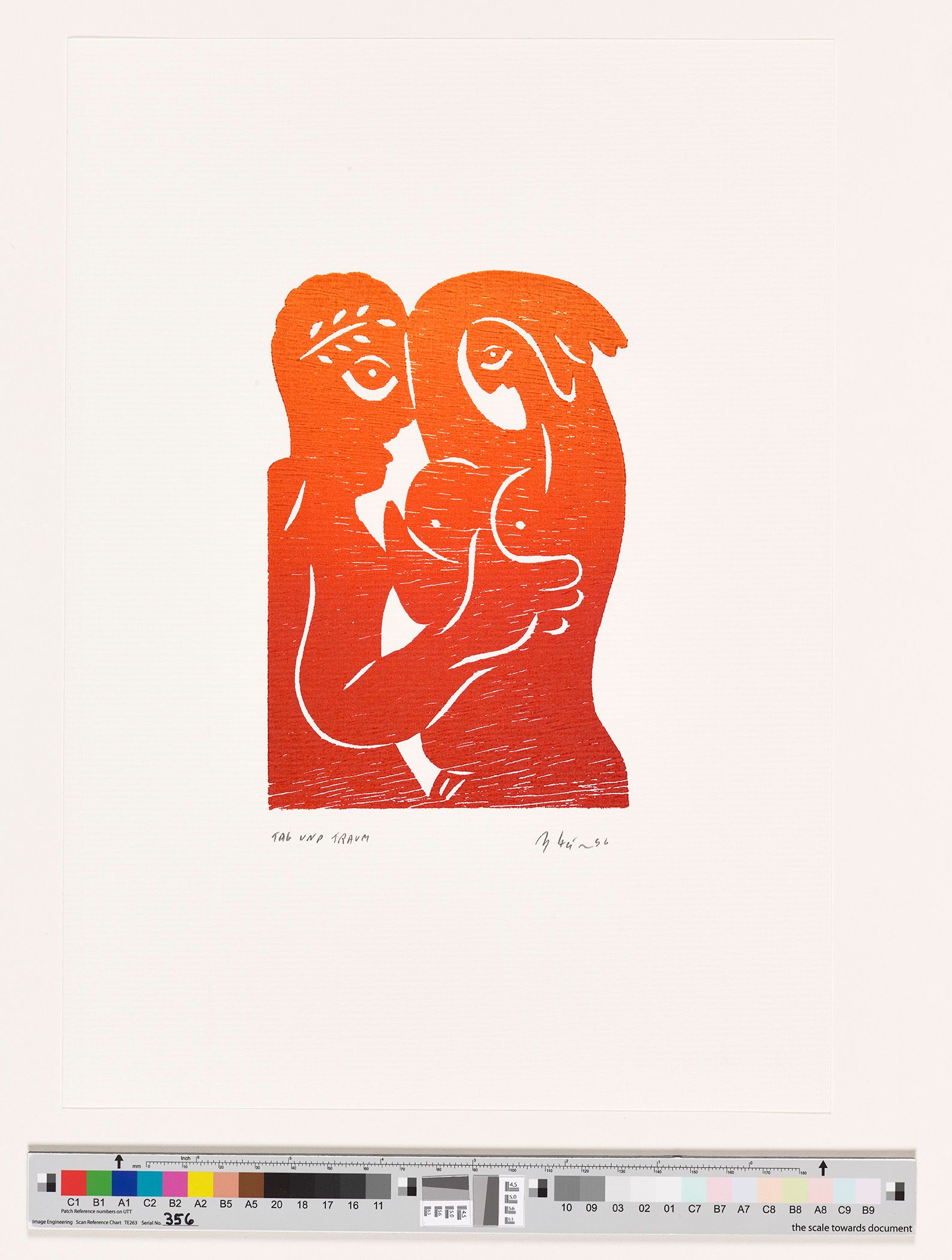 Grafik. Zwei Personen ein Mann und eine Frau. Der Mann hat einen Kranz aus Pflanzen auf seinem Kopf. Beide Personen sind von der Seite zu sehen. Die Frau ist nackt und der Mann hält ihre Brüste mit seinen Händen. Beide schauen einander an. Farbe: rot, orange