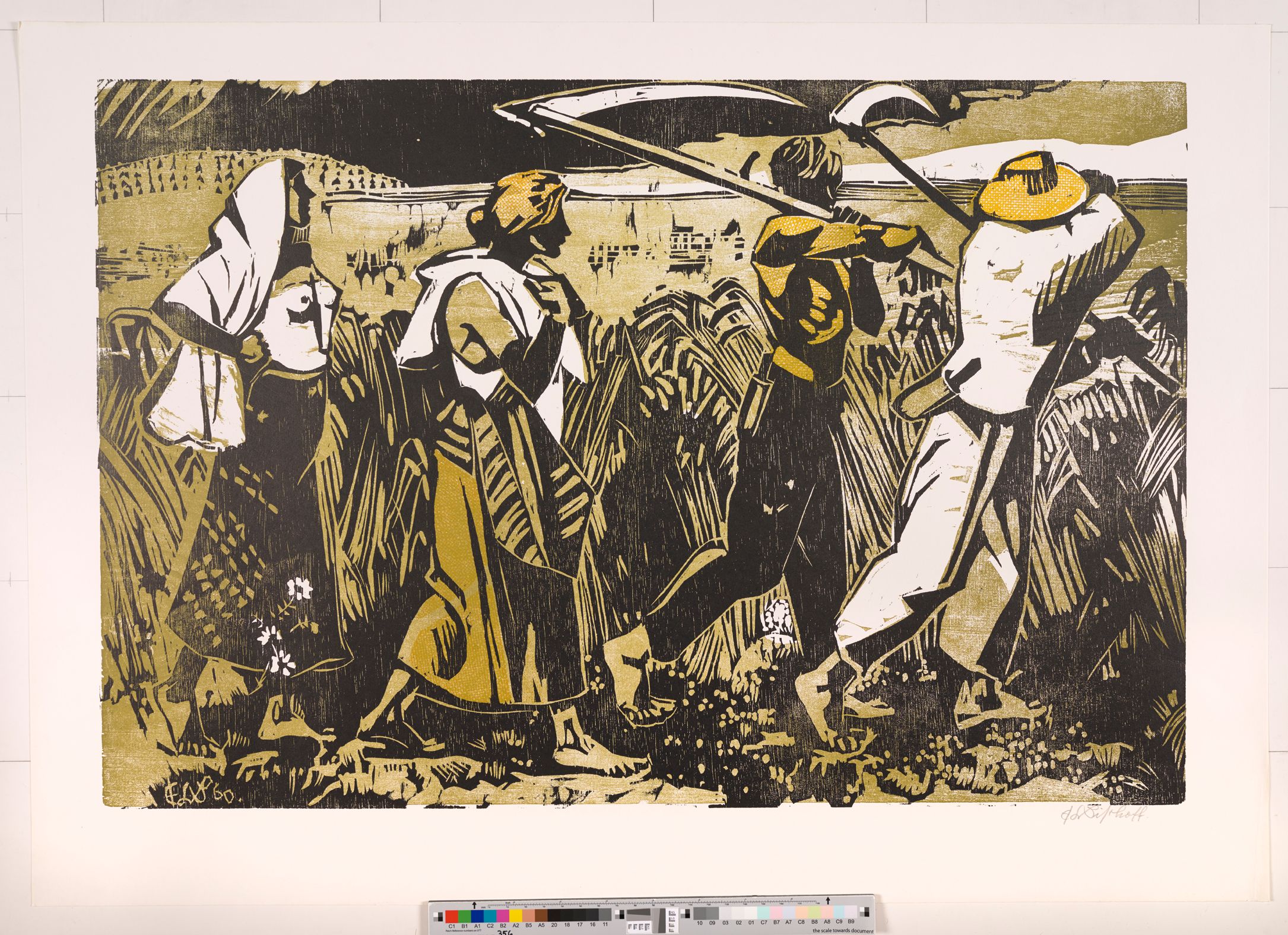 Abstraktes Bildmotiv von zwei Männern und zwei Frauen auf einem Weizenfeld. Die Männer tragen eine Sense in den Händen und die Frauen laufen hinterher.