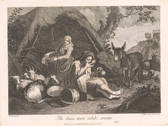 Ein Mann und eine Frau in einer Landschaft an einer Strohhütte. Sie im Hintergrund trägt einen flachen Korb, während er im Vordergrund sitzt und eine Schale an den Mund führt. Er hält einen bauchigen Flaschenkürbis in der Hand. Links neben ihm liegen vier Ziegen, rechts von ihm stehen ein Esel und ruhen weiter Ziegen. Ganz rechts im Hintergrund steht ein haus auf einem Bergkamm. Unter der Zeichnung steht "Illic clausa tenent stabulis arment", was in etwa heißen könnte "Jene Behausung dient dem Vieh als Stall"