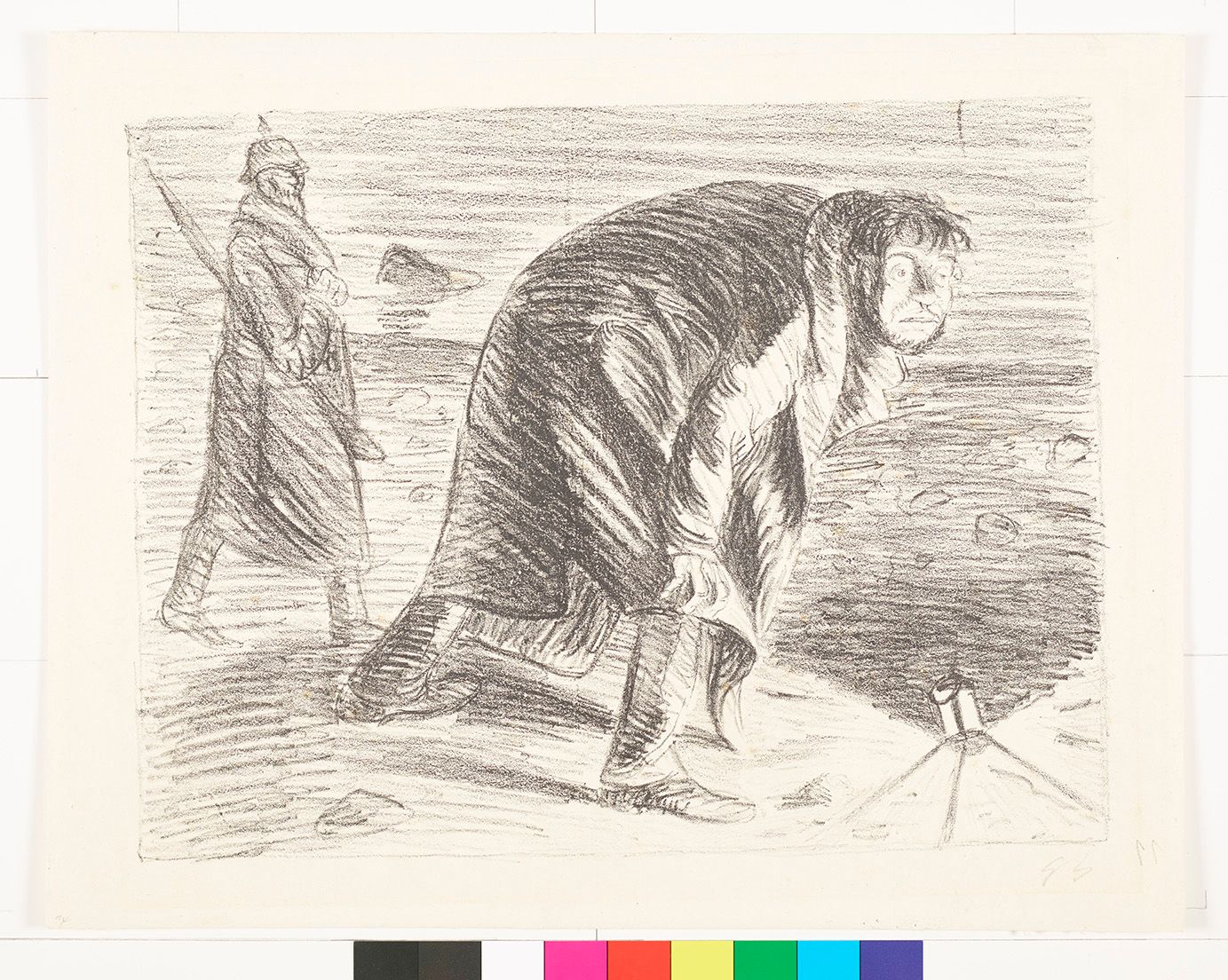 Skizze. Ein gebeugter Mann im Mantel und ein Soldat mit einem Gewehr. Rechts unten ist eine Kerzenlampe.