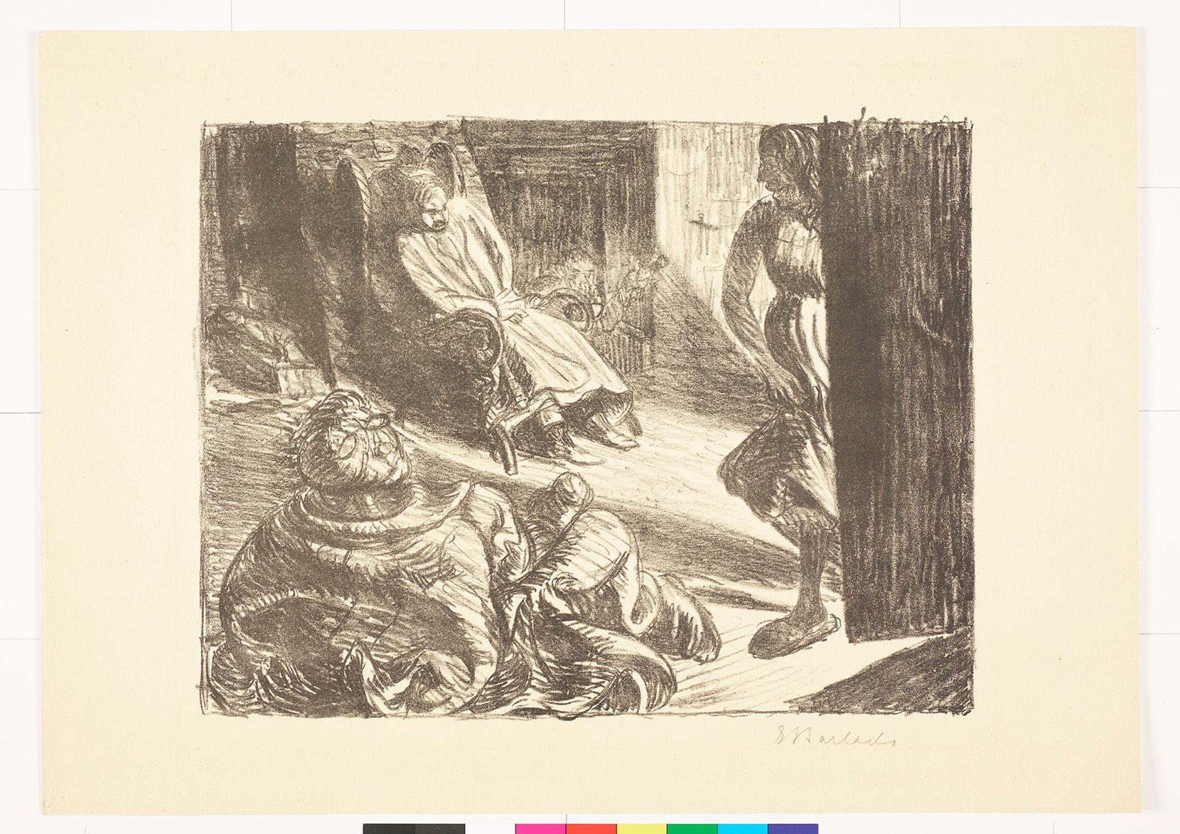 Skizze. Zwei alte Personen sitzen in Sesseln. Auf der rechten Seite steht eine Frau an einer offenen Tür.