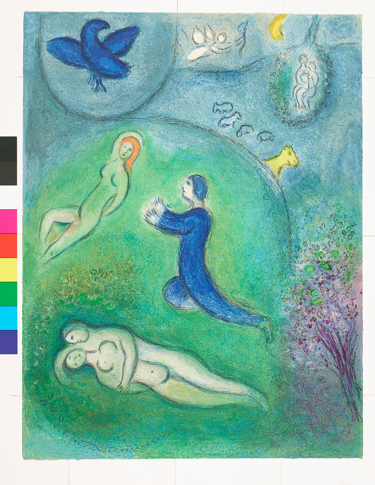 Abstraktes Bildmotiv. In der Mitte kniet ein Mann vor einer nackten Frau, die vor ihm liegt. Unter ihnen liegen zwei nackte Personen miteinander auf der Wiese. Über ihnen sind unterschiedliche Gestalten wie Tiere, Engel und weitere Figuren.