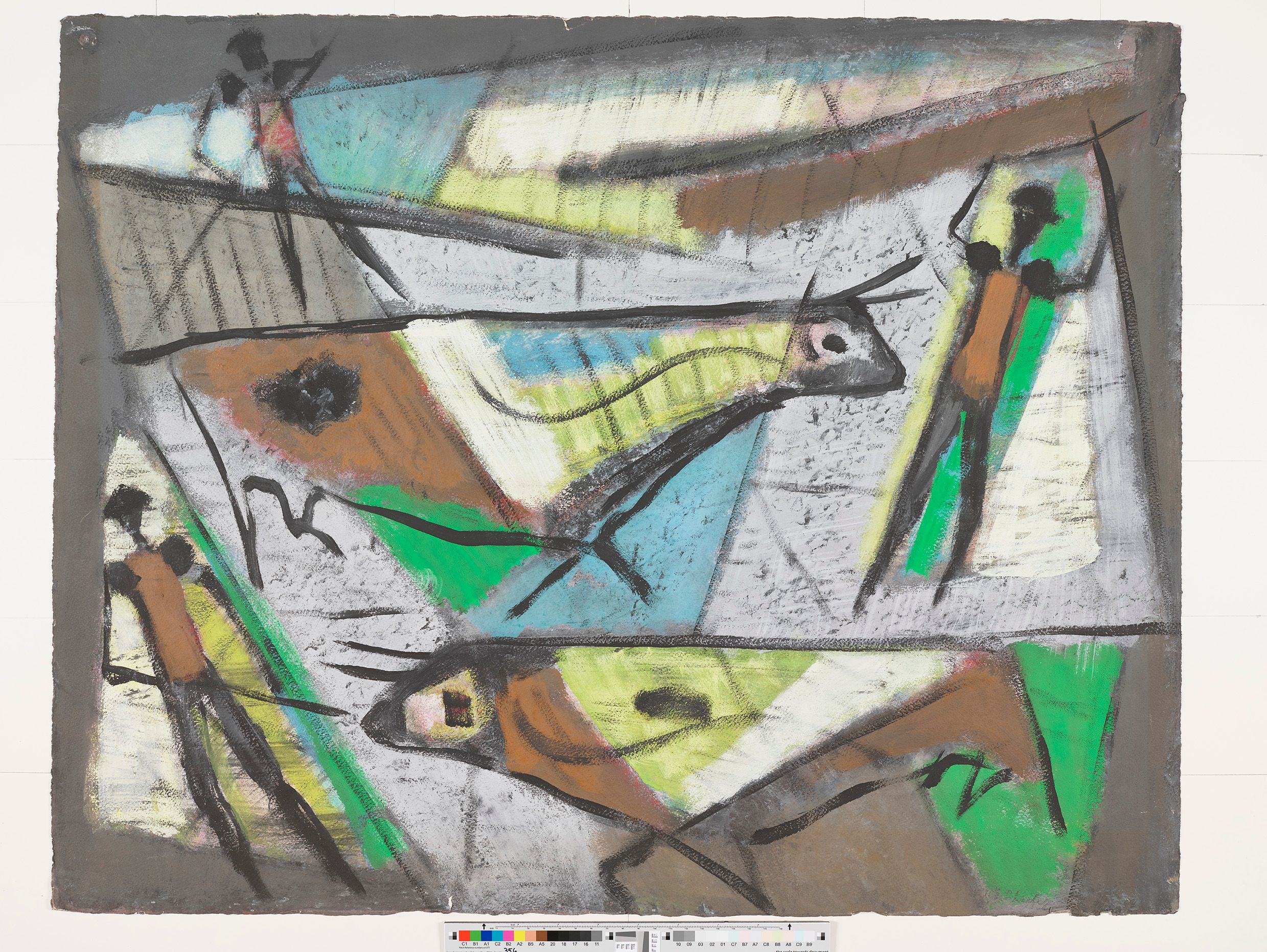 Abstrakte Darstellung eines Stierkampfes. Drei Männer mit Speeren umzingeln zwei Stiere. Die Stiere laufen in entgegengesetzte Richtungen jeweils auf einen Mann zu. Das Gemälde ist abstrahiert und mit farbigen Dreiecken versehen. 