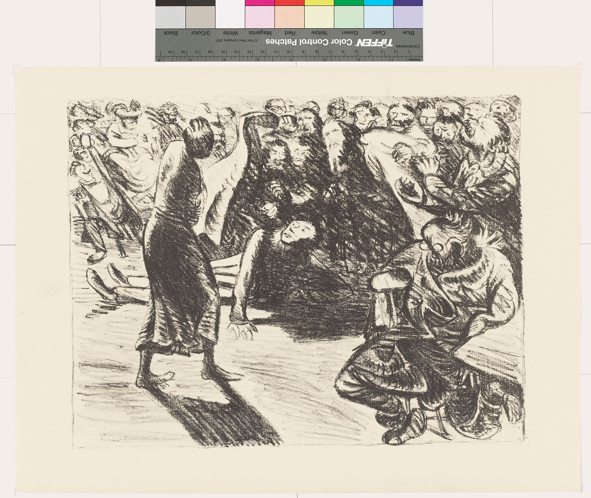 Skizze von einer Menschenmenge. Links eine Frau, die vor einem sitzenden Mann steht. Alle schauen die Frau an.