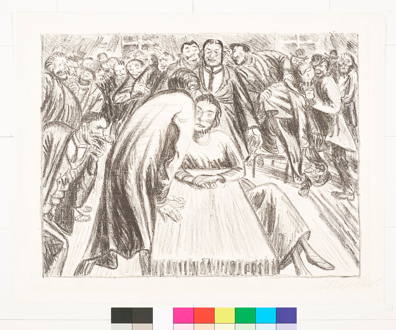 Skizze von einem Mann und einer Frau in einer Menschenmenge. Der Mann flüstert der sitzenden Frau etwas zu.