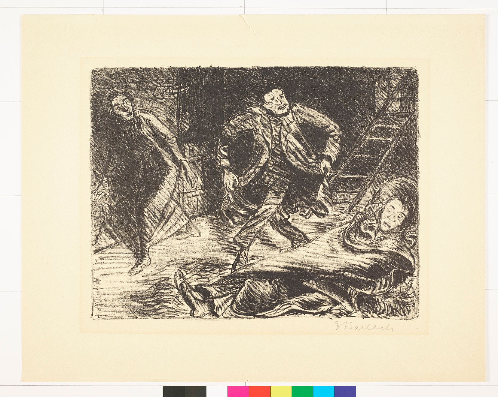 Skizze von einem Mann und einer Frau, die auf Zehenspitzen laufen. Rechts ist eine schlafende Person.