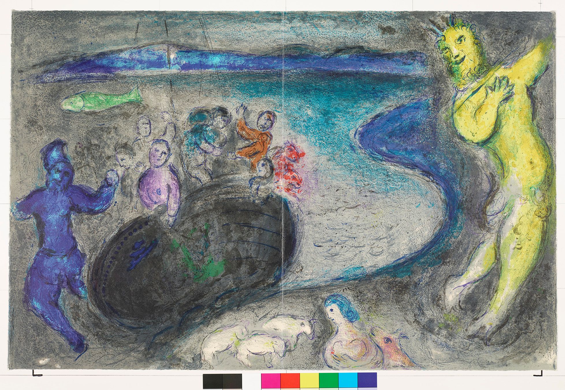 Abstraktes Bildmotiv. Personen auf einem Boot, dass an Land gezogen wird. Am linken Bildrand ist ein Mann in blau und am rechten Bildrand ist ein Mann in gelb. Über dem Boot schwebt ein Fisch. Im Hintergrund ist eine Meereslandschaft.