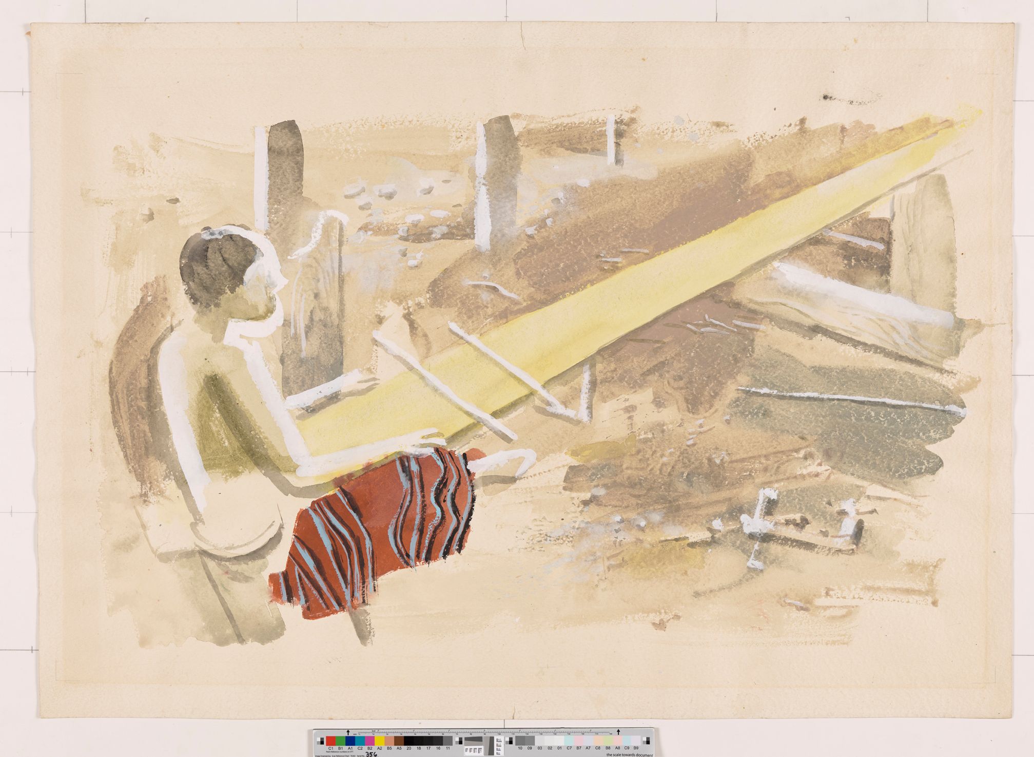 Abstrakte Darstellung. Eine Person von hinten am weben. Mit einem auffälligen Stoff auf dem Schoß. 