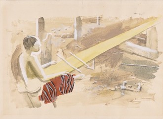 Abstrakte Darstellung. Eine Person von hinten am weben. Mit einem auffälligen Stoff auf dem Schoß.