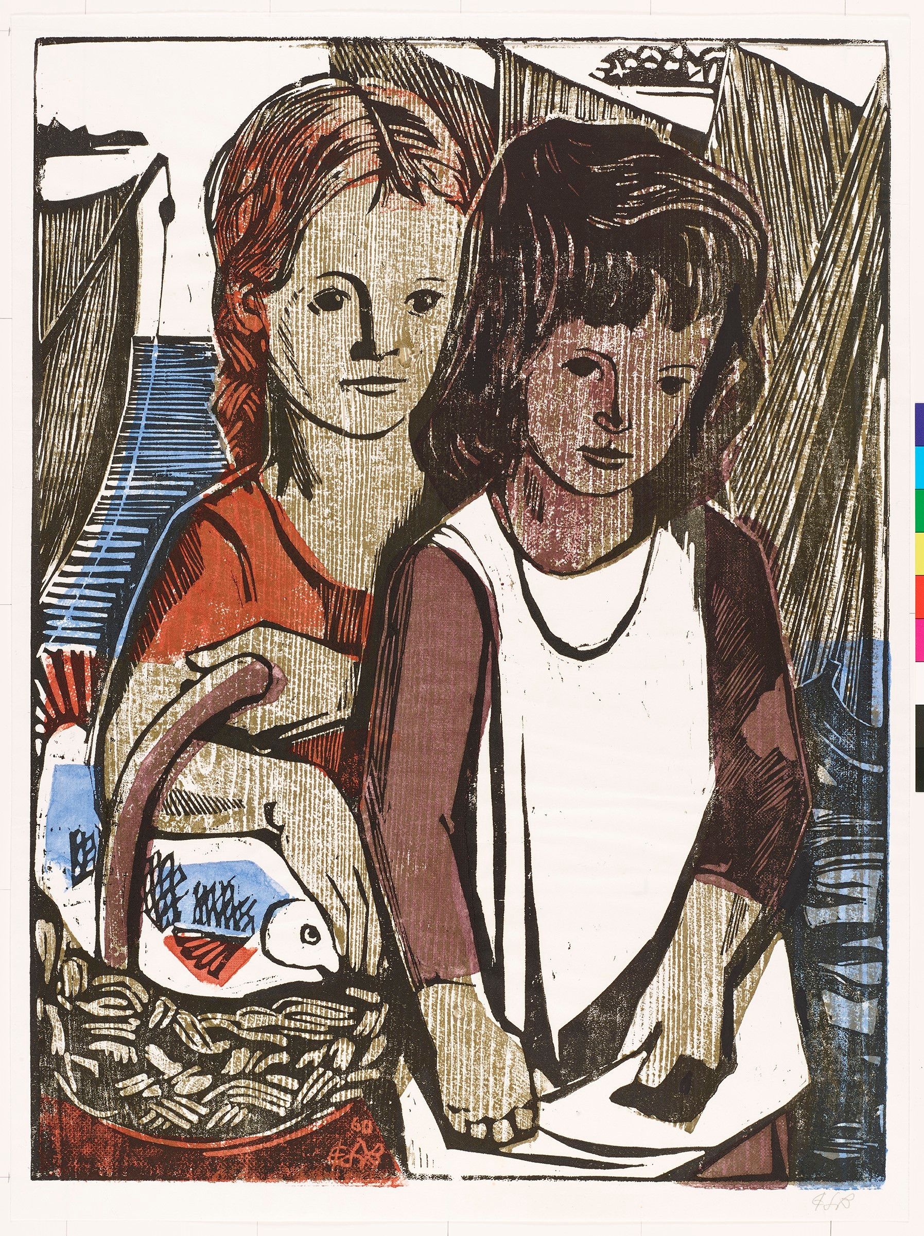 Abstraktes Bild von zwei kleinen Mädchen. Das Hintere Mädchen hält einen Korb mit einem Fisch drinnen.