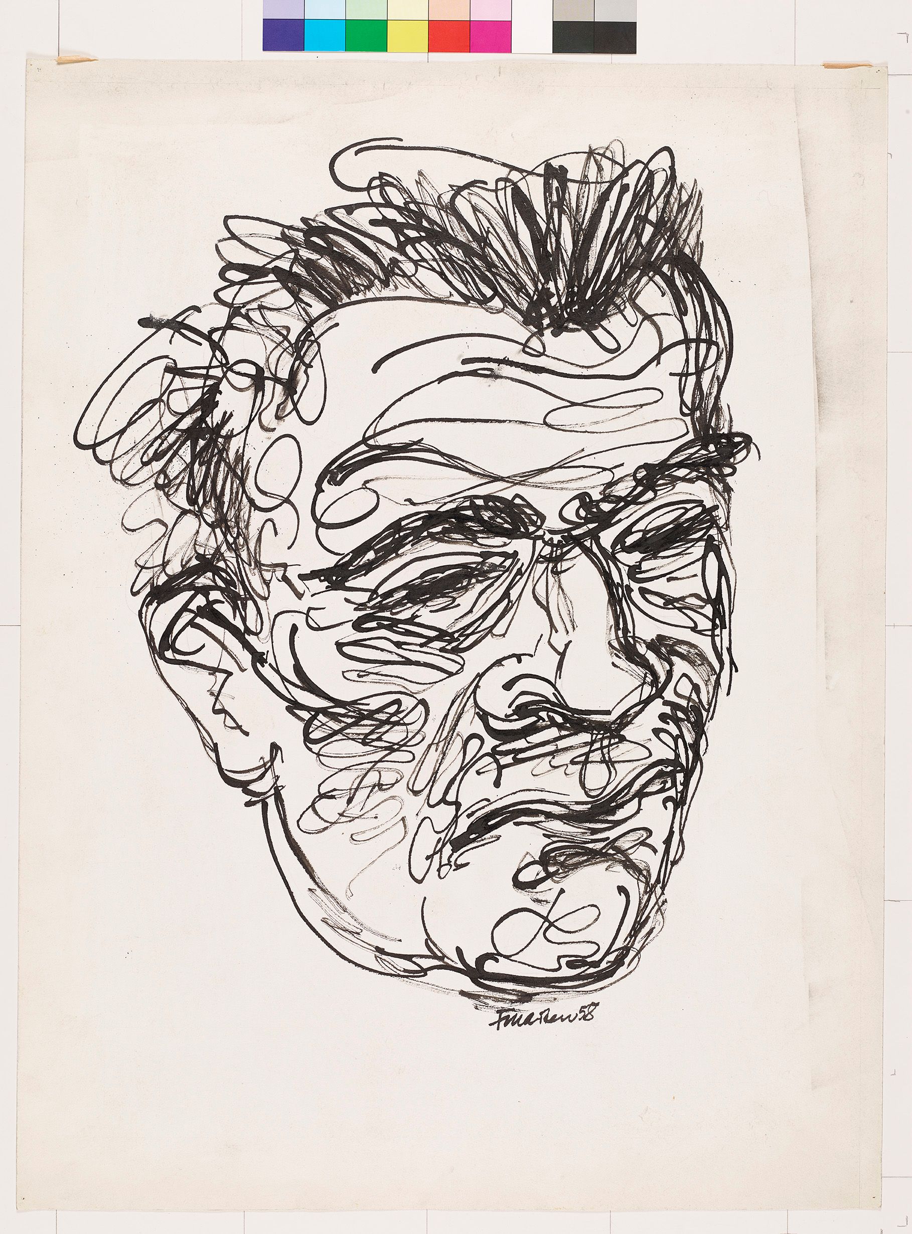 Ein Selbstportrait des Künstlers Franz Marten aus geschwungenen schwarzen Linien.