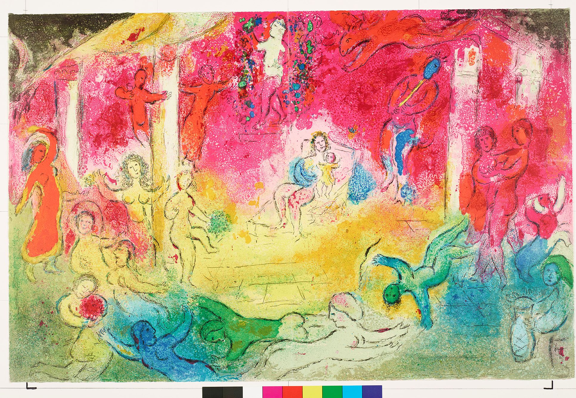 Abstraktes Bildmotiv. Nackte Menschen in einem Tempel mit Säulen. Am unteren Bildrand liegen viele Personen auf dem Boden. In der Mitte liegt eine Person auf einem Bett mit einem Kind. Am oberen Bildrand sind Figuren mit Bögen und Flöten auf einem roten Untergrund.