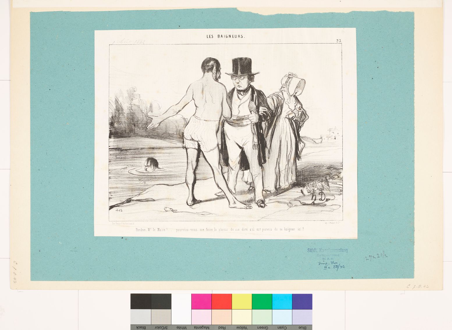 Zeichnung. Eine Dame und ein Mann in feiner Kleidung. Gegenüber steht ihnen ein Mann in Unterwäsche und zeigt auf den Fluss. Im Fluss schwimmt ein Mann.