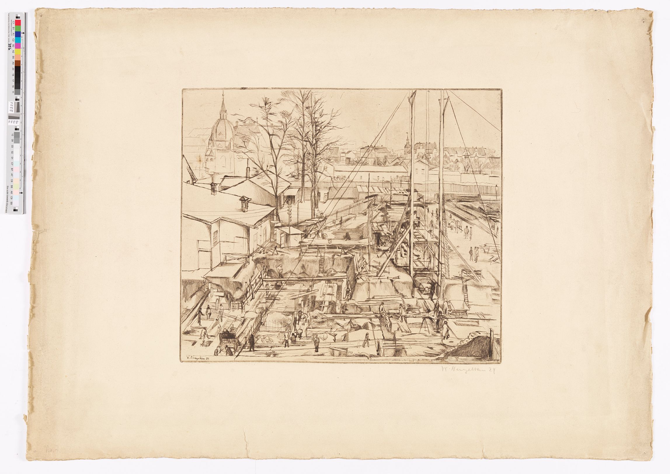 Blick von der Baugrube des Hans-Sachs-Hauses Richtung Vattmannstraße mit den Gebäuden der Firma Ernst Bischoff. Abbildung spiegelverkehrt