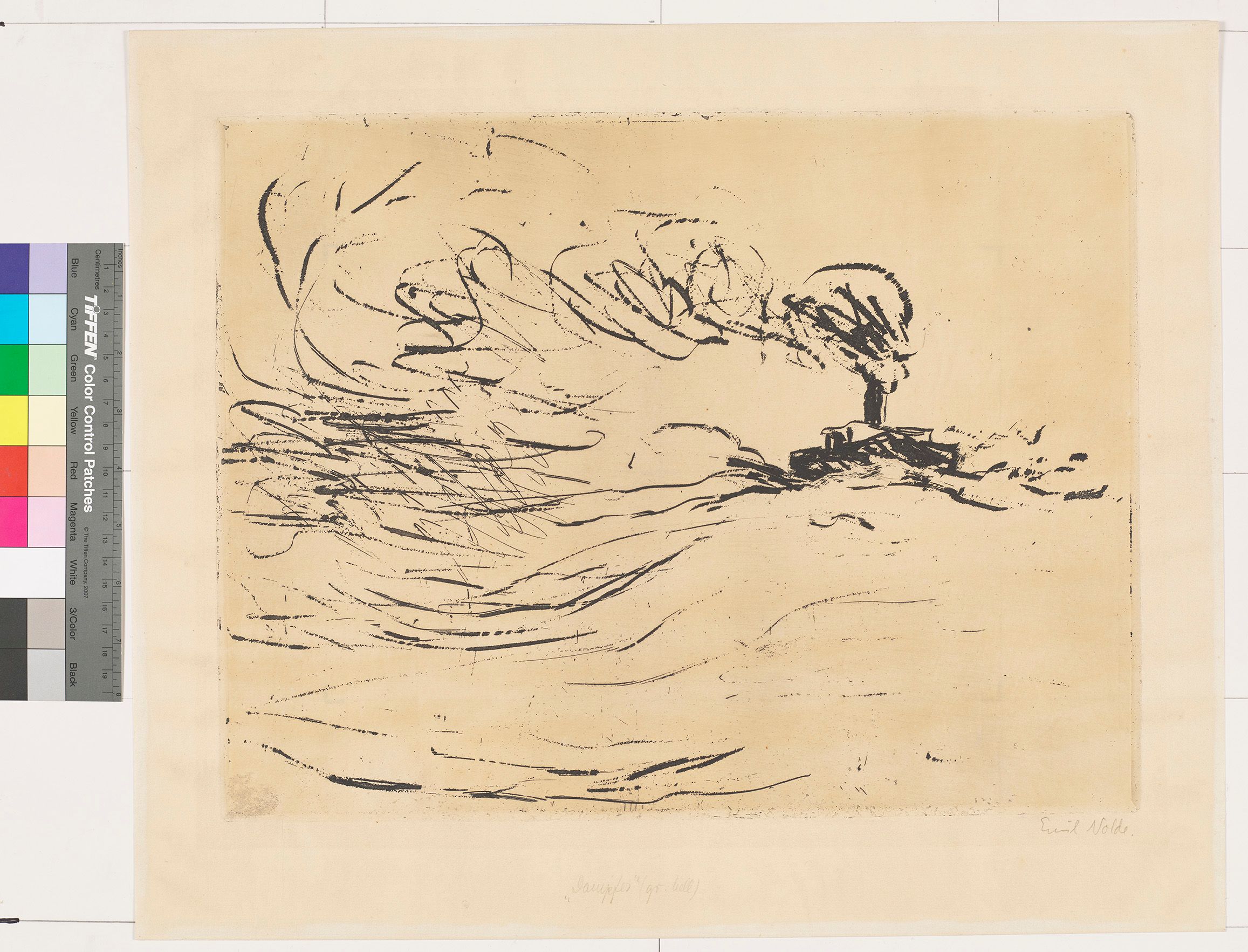 Skizze eines Dampfschiffes auf See, aus dessen Kamin sich der Qualm zu verwirbelten Strichen auflöst.