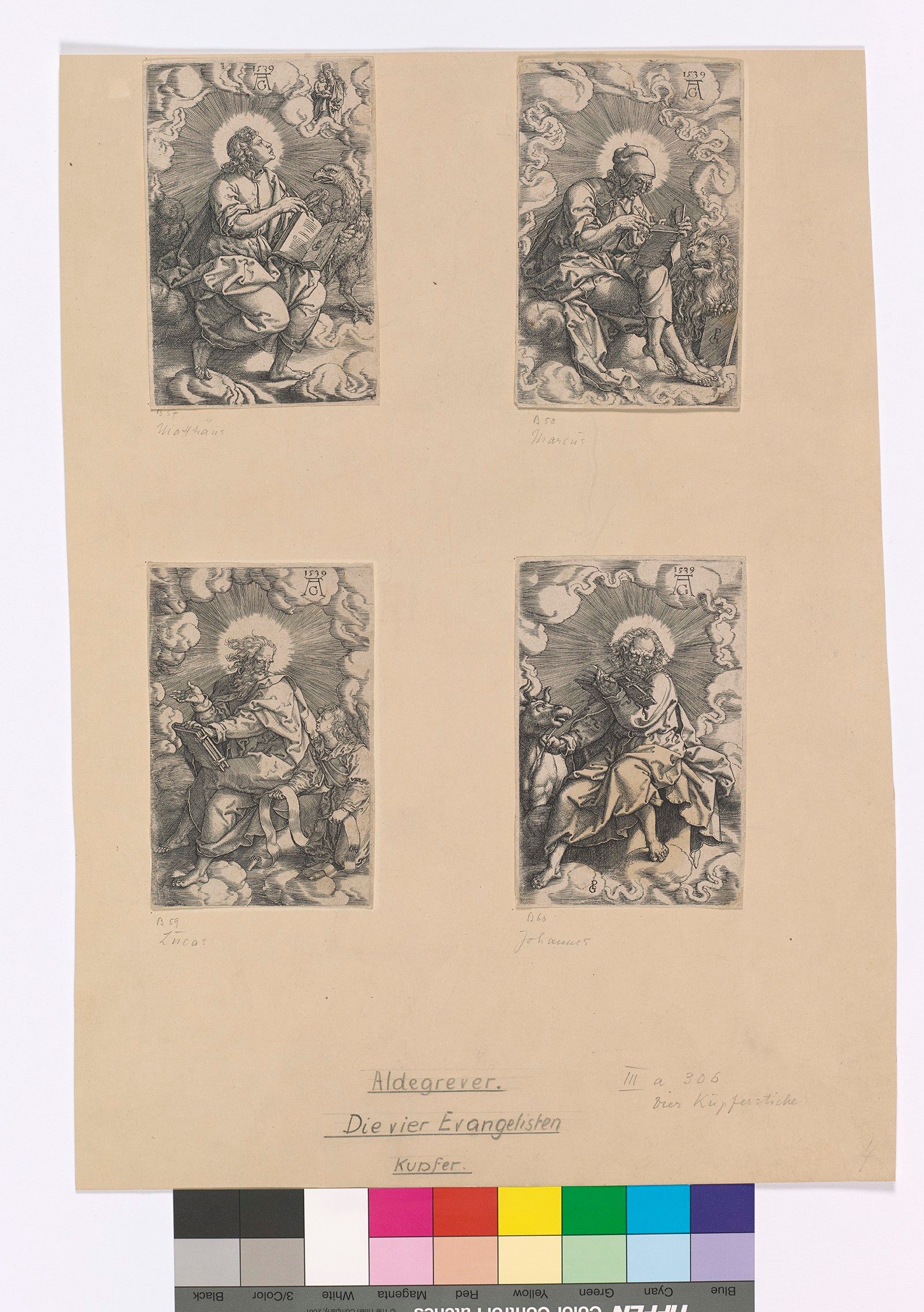 Die vier Evangelisten. Die vier Evangelisten. Johannes (Adler), Markus (Löwe), Matthäus (Mensch) und Lukas (Stier) mit ihren Attributen. 