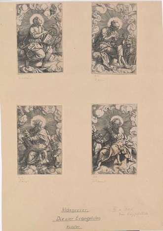 Die vier Evangelisten. Die vier Evangelisten. Johannes (Adler), Markus (Löwe), Matthäus (Mensch) und Lukas (Stier) mit ihren Attributen.