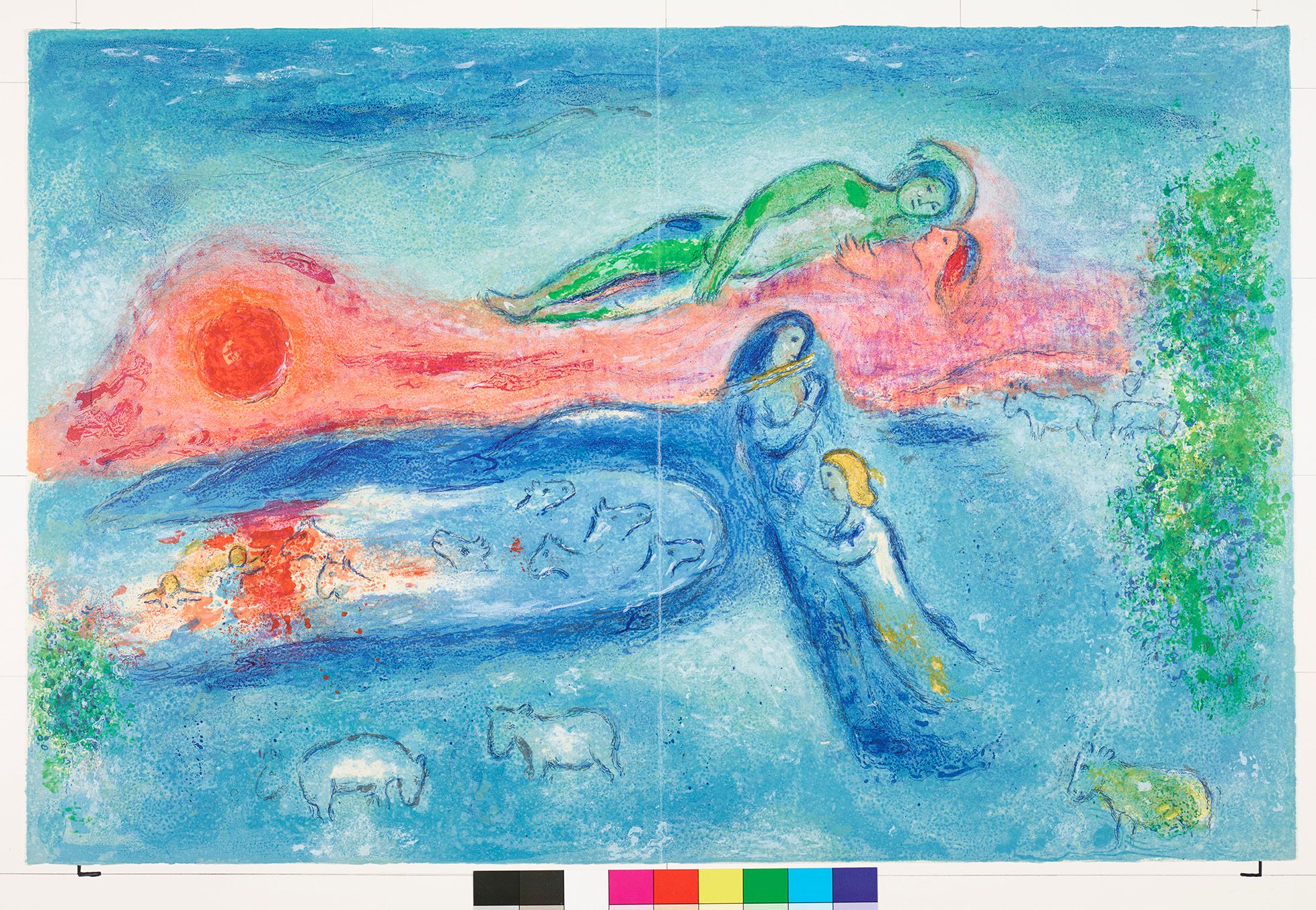 Abstraktes Bildmotiv. Eine Frau mit einer Flöte und eine weitere Frau unter ihr. Über ihnen sind zwei liegende Personen. Links und rechts neben den Frauen sind Tiere und Büsche. 