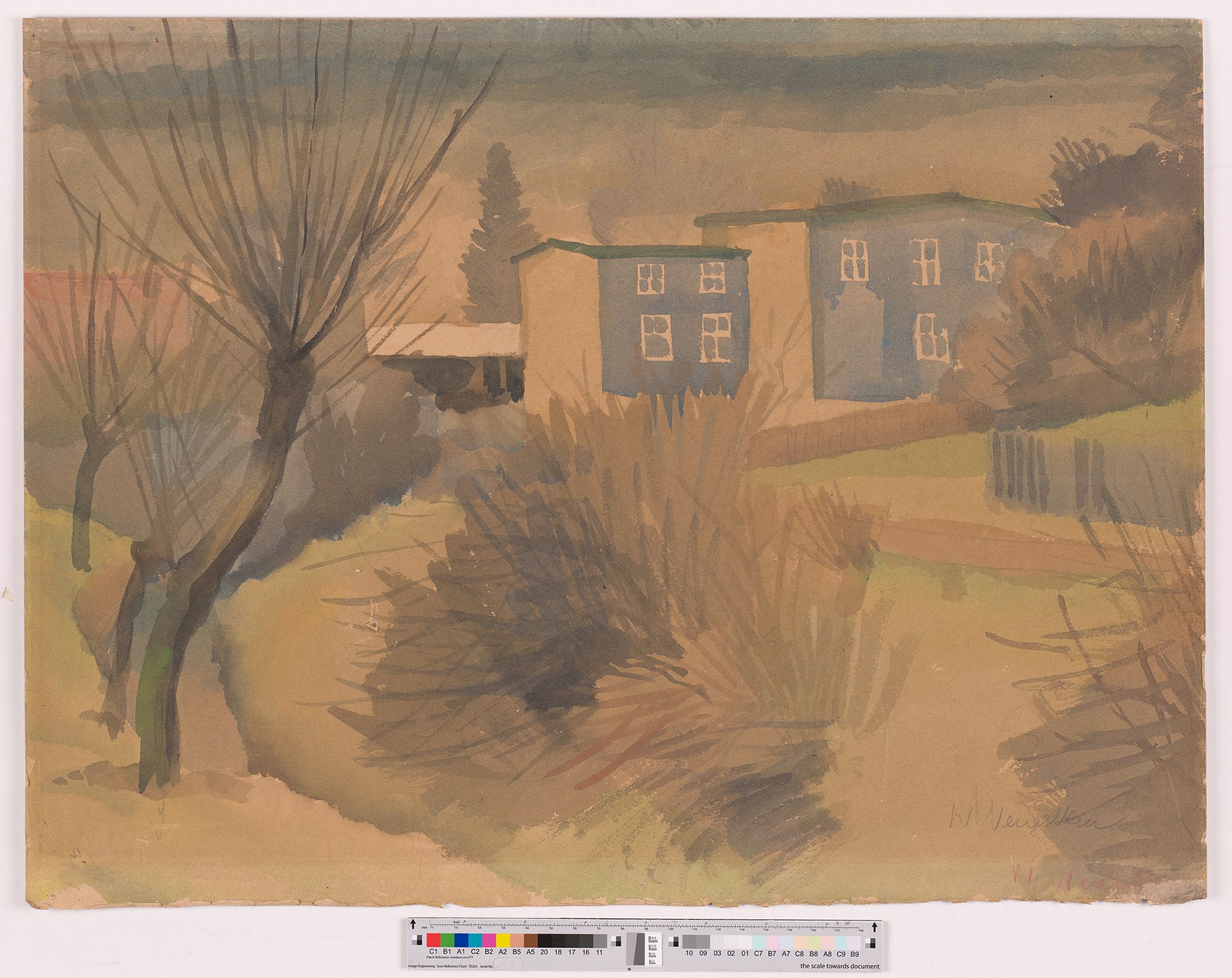 Auf dem Bildträger ist eine Landschaft zu erkennen. Im Hintergrund stehen zwei blaue Häuser.