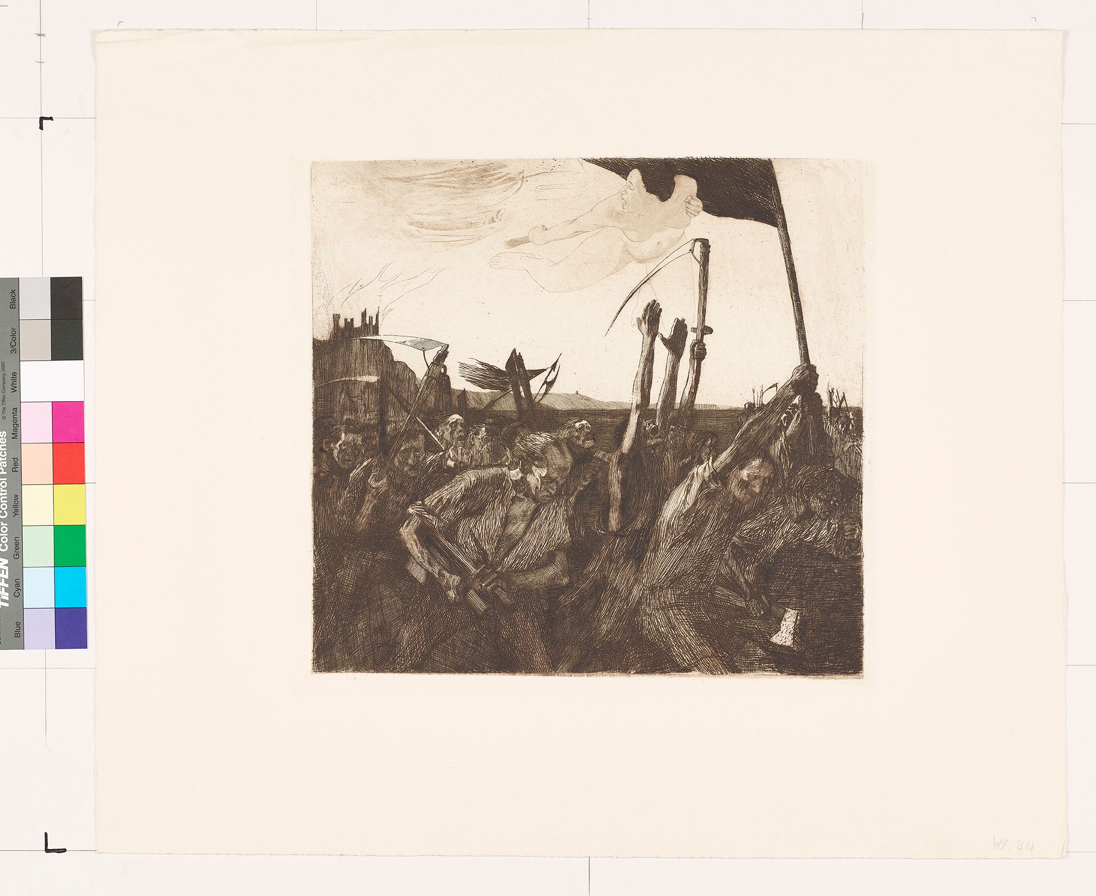 Eine Gruppe von abgehärmten Männern zieht bewaffnet mit Sensen, Holzstöcken, Hellebarden und Beilen vor dem Hintergrund einer Hügelkette und einer Burgsilhouette von links nach rechts. Ein Mann an der Spitze reckt mit beiden Händen eine schwarze Fahne in die Luft neben der eine nackte Frau schwebt. Mit einer Fackel in der Hand blickt sie zurück zur Burg über der Flammen lodern.