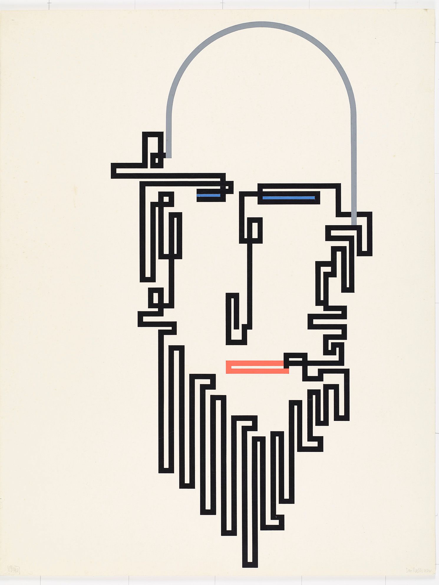 Abstraktes Bildmotiv. Gesicht konstruiert aus eckigen und runden Linien, die miteinander verbunden sind (Farben: schwarz, rot, blau).