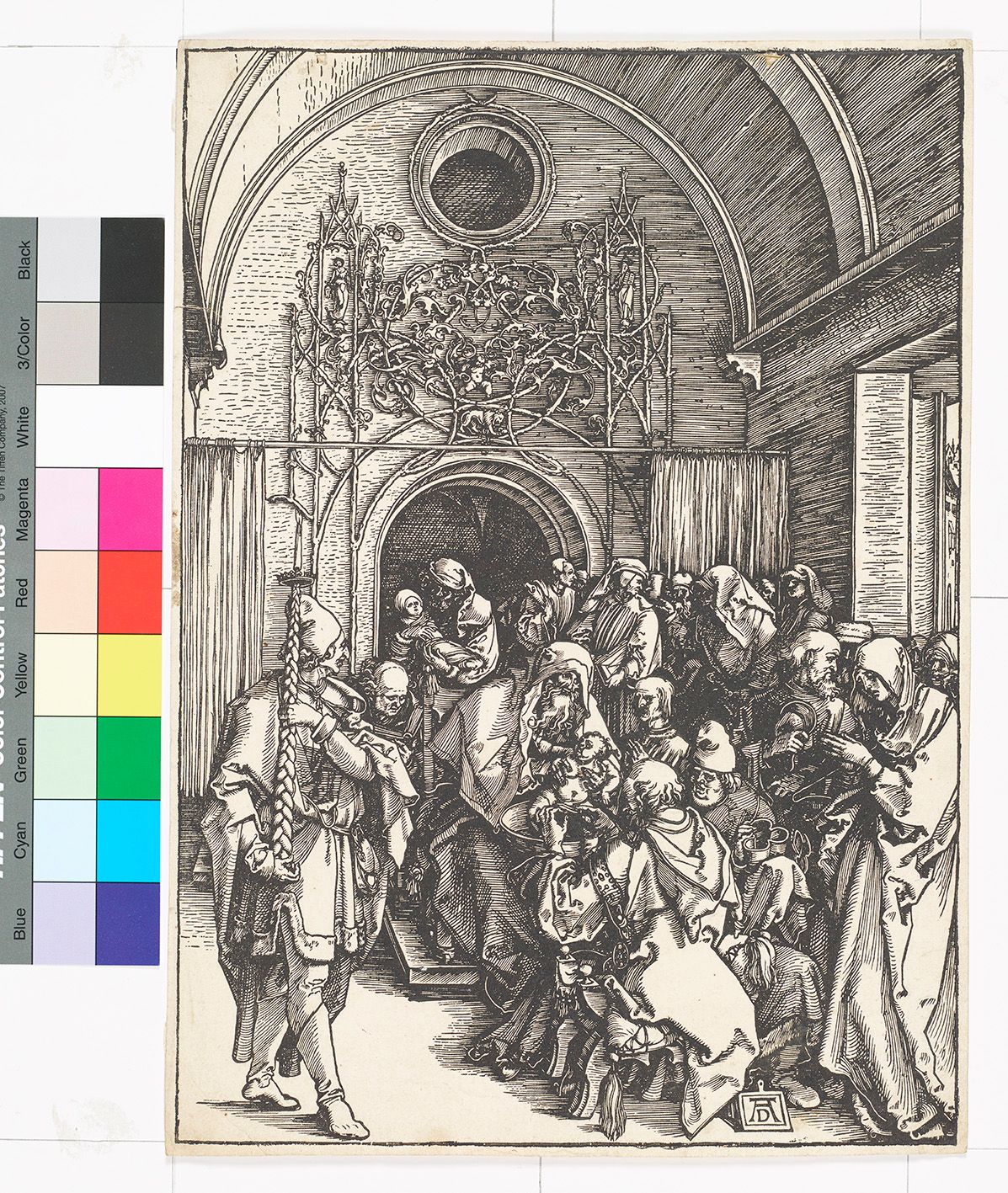 Kupferstich. Beschneidung Christi. Eine Menschenmenge. In der Mitte sitzt ein Mann auf einem Thron und hält ein Baby im Arm. Eine knieende Frau hält eine Rasierklinge. 