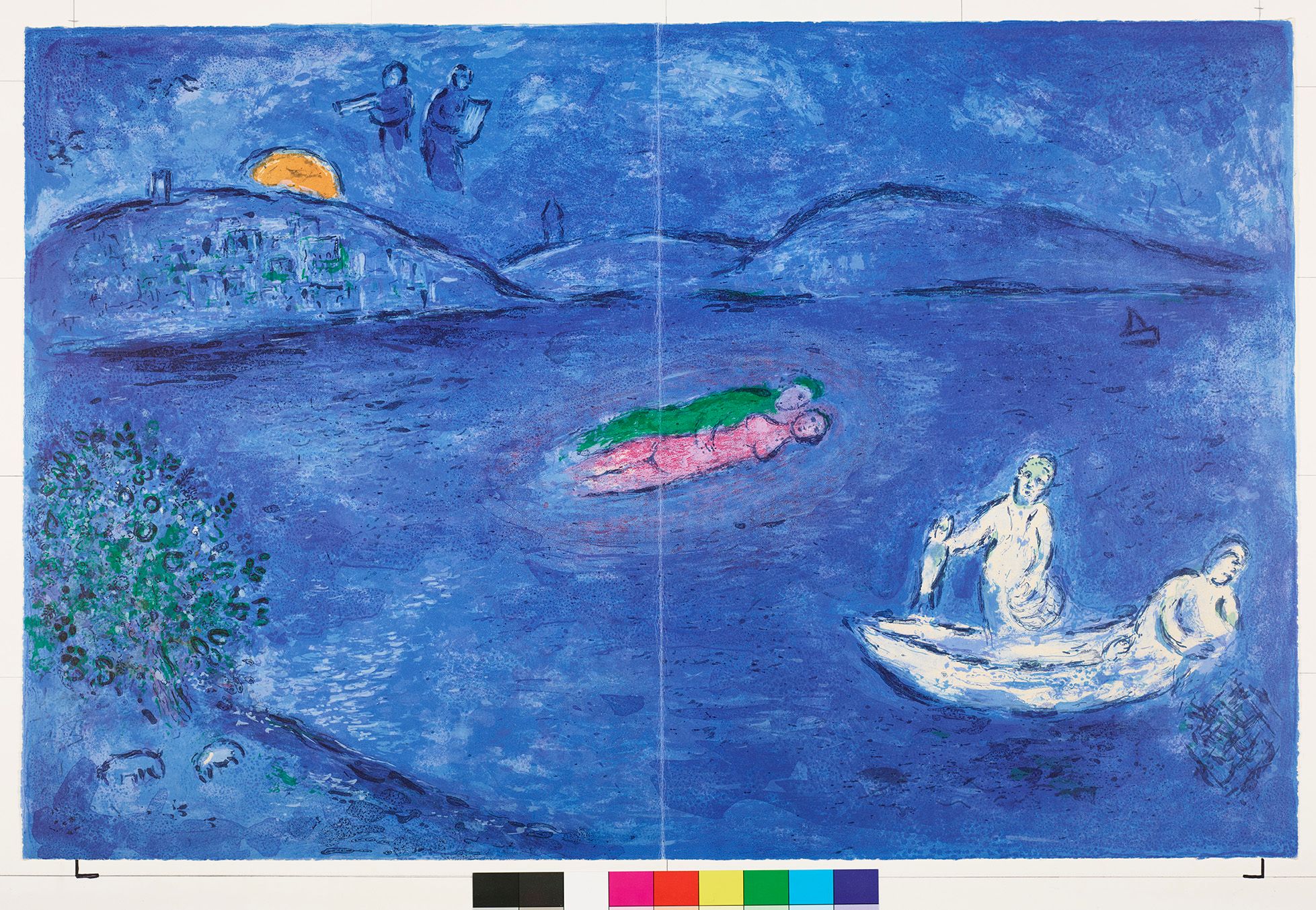 Abstraktes Bildmotiv auf blauem Untergrund. In der Mitte liegen zwei Personen nackt beieinander. Am unteren rechten Bildrand sind zwei Personen auf einem Boot. Im Hintergrund sind Hügel und eine Stadtaussicht.