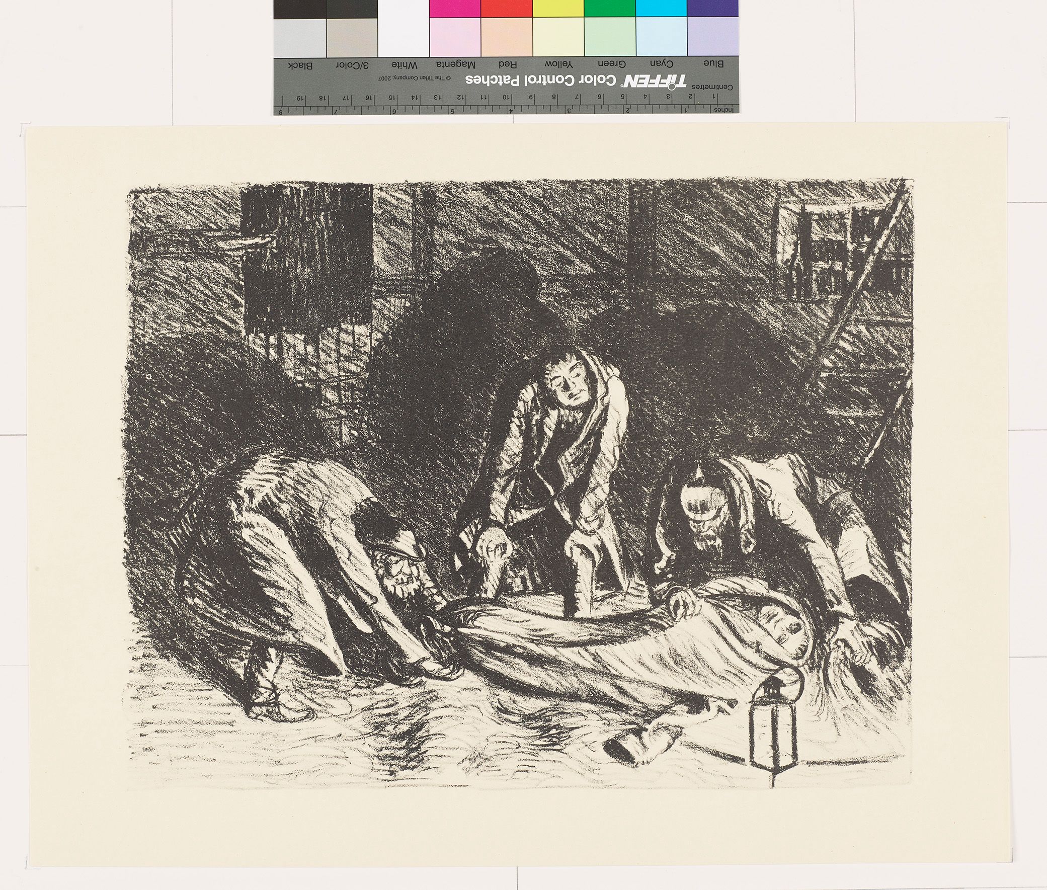 Skizze. Drei Männer beugen um eine umwickelte Leiche. 