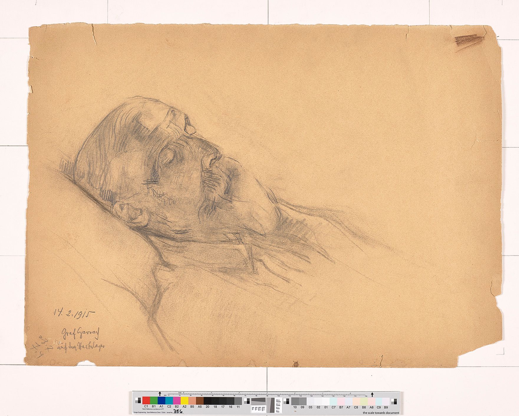 Kreidezeichnung. Abgebildet ist Graf Garrach im Bett. Er hat seine Augen geschlossen und trägt einen Bart. Graf Garrach ist hier auf seinem Sterbebett dargestellt. 