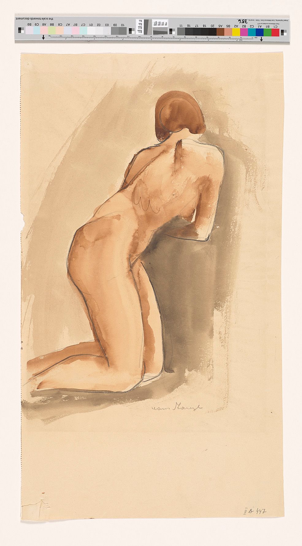 Weiblicher Akt. Die Frau ist von der Seite abgebildet und dreht sich leicht nach hinten.