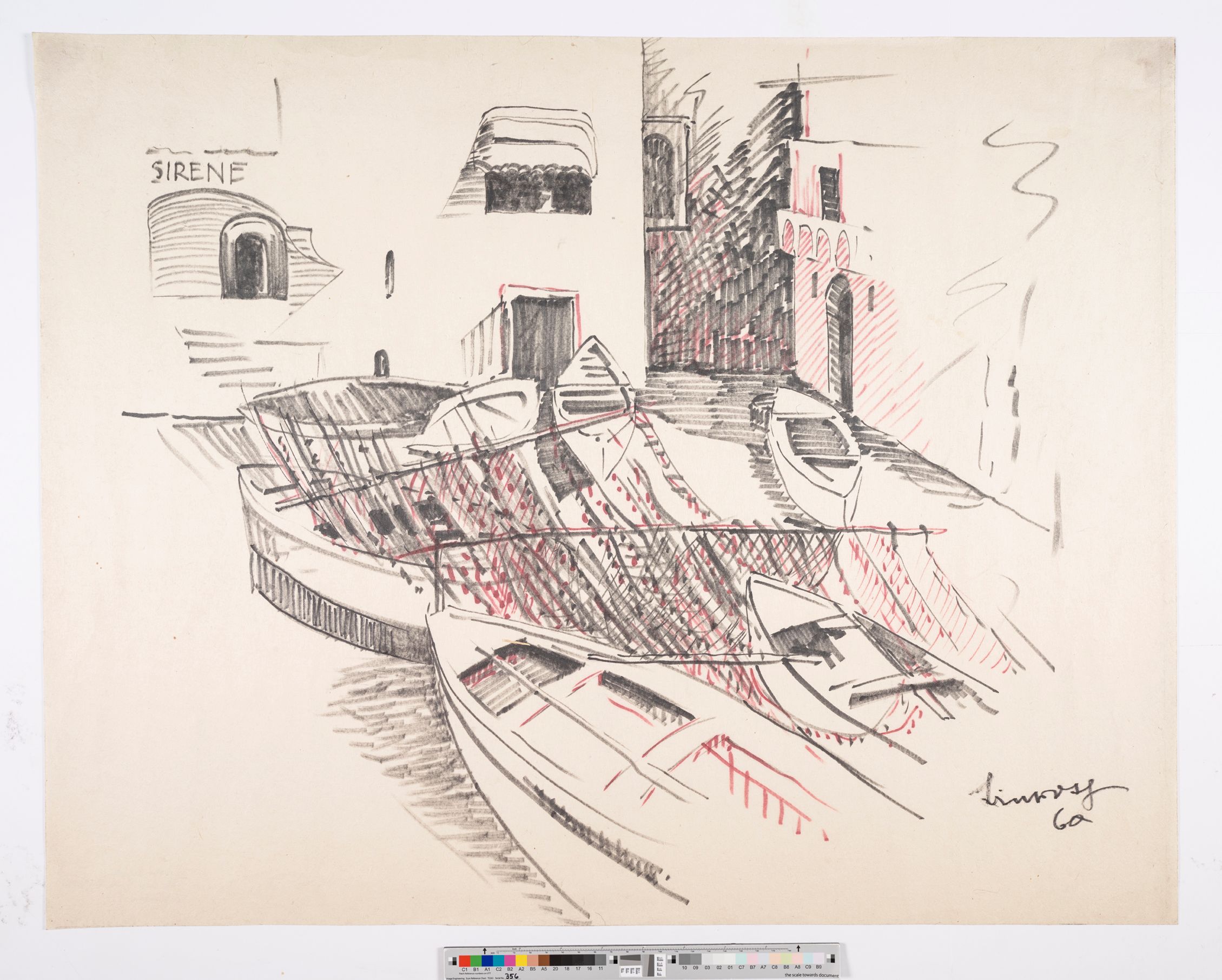 Ein Kanal mit abgestellten Booten und Netzten über den Booten.