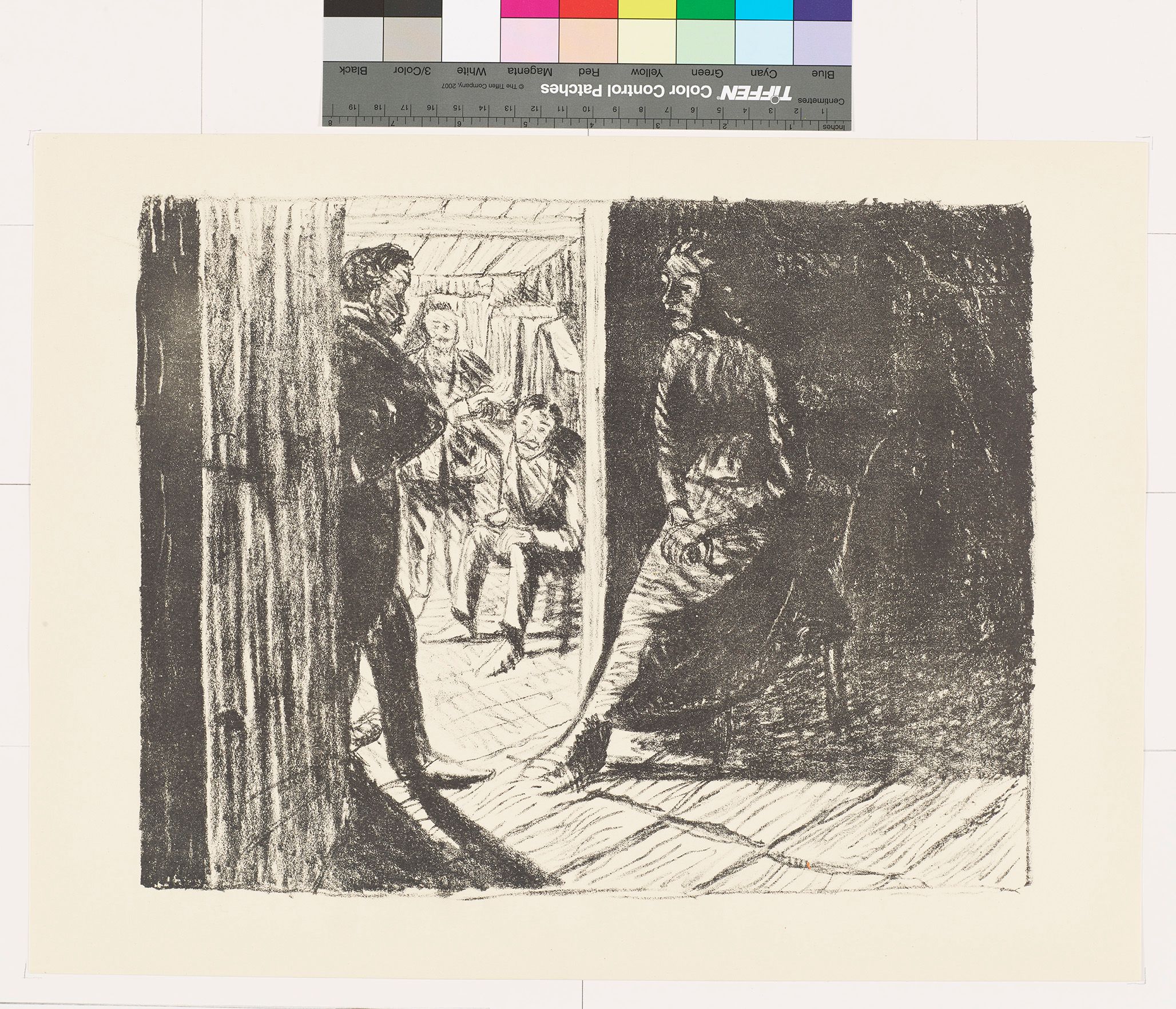 Skizze. Rechts, Eine Sitzende Frau in einem dunklen Raum. Links, Drei Männer im Raum nebenan. 