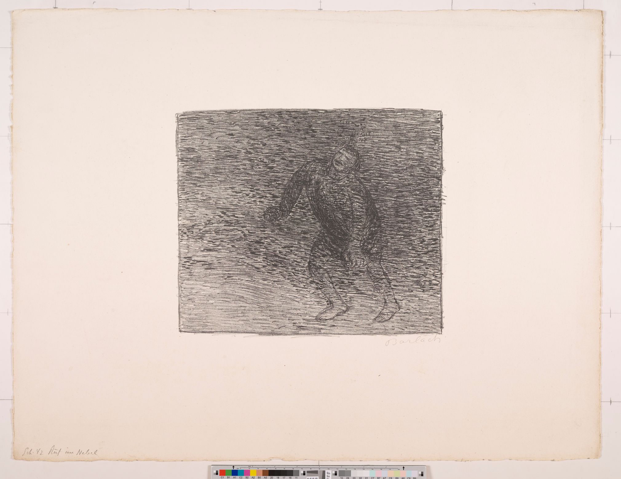 Zeichnung. ein gebeugt laufender Mann mit einem verschränkten Gesicht. Übermalt mit kurzen waagerechten Strichen.