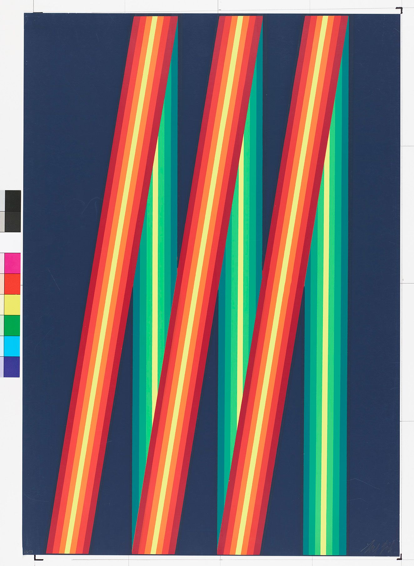 Abstrakte Kunst. Schräge und vertikale Balken auf dunkelblauem Untergrund. Die Balken sind in schmalere Balken mit Farbstufungen geteilt (Farben: rot, orange, gelb, blau, türkis).  