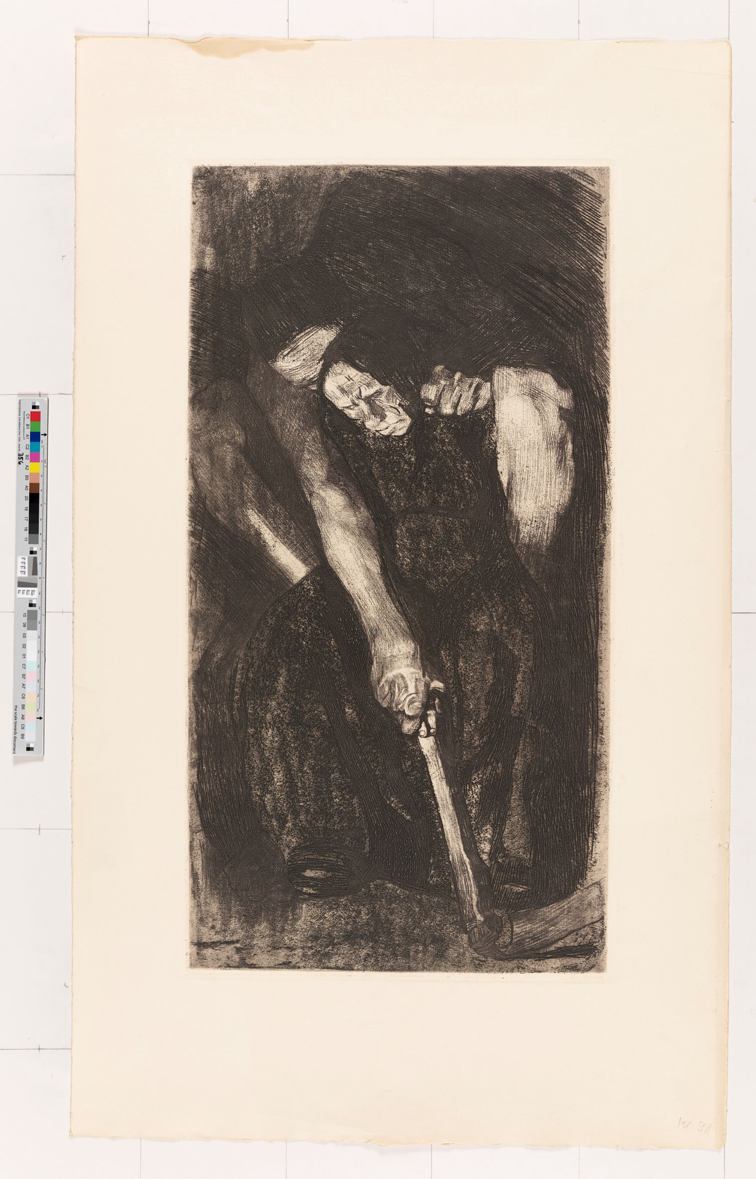 Hinter einer vorgebeugten Frau in einem schwarzen Kleid kauert ein unbekleideter Mann. Er legt ihr eine Hand auf die Schulter. Mit seinem rechten Arm langt er nach vorne und führt ihre Hand in der sie einen langen Pinsel hält. 