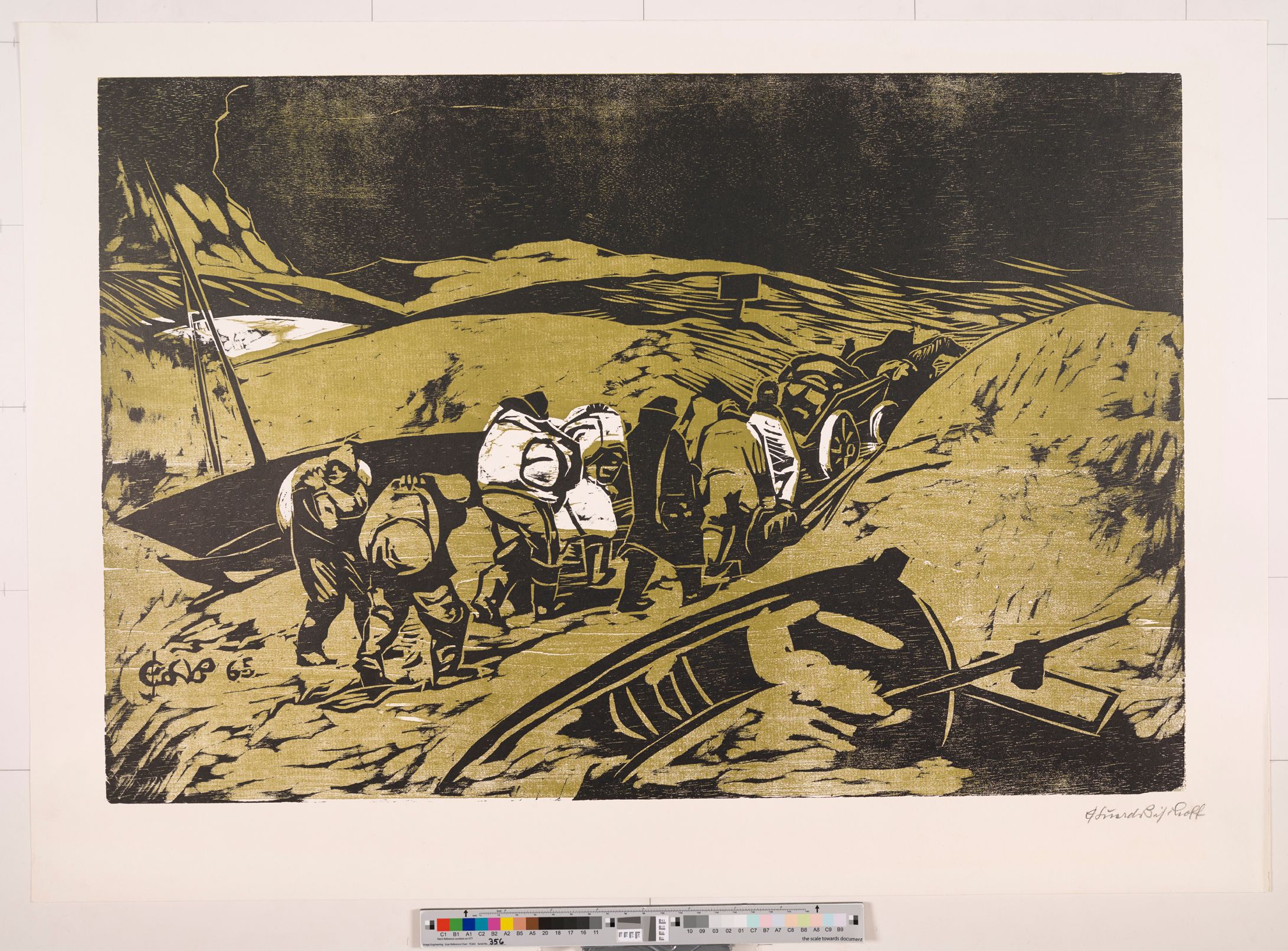 Abstraktes Bildmotiv. Gestrandete Boote und Schiffe im Sand. Durch die Mitte laufen viele Menschen mit Gepäck.