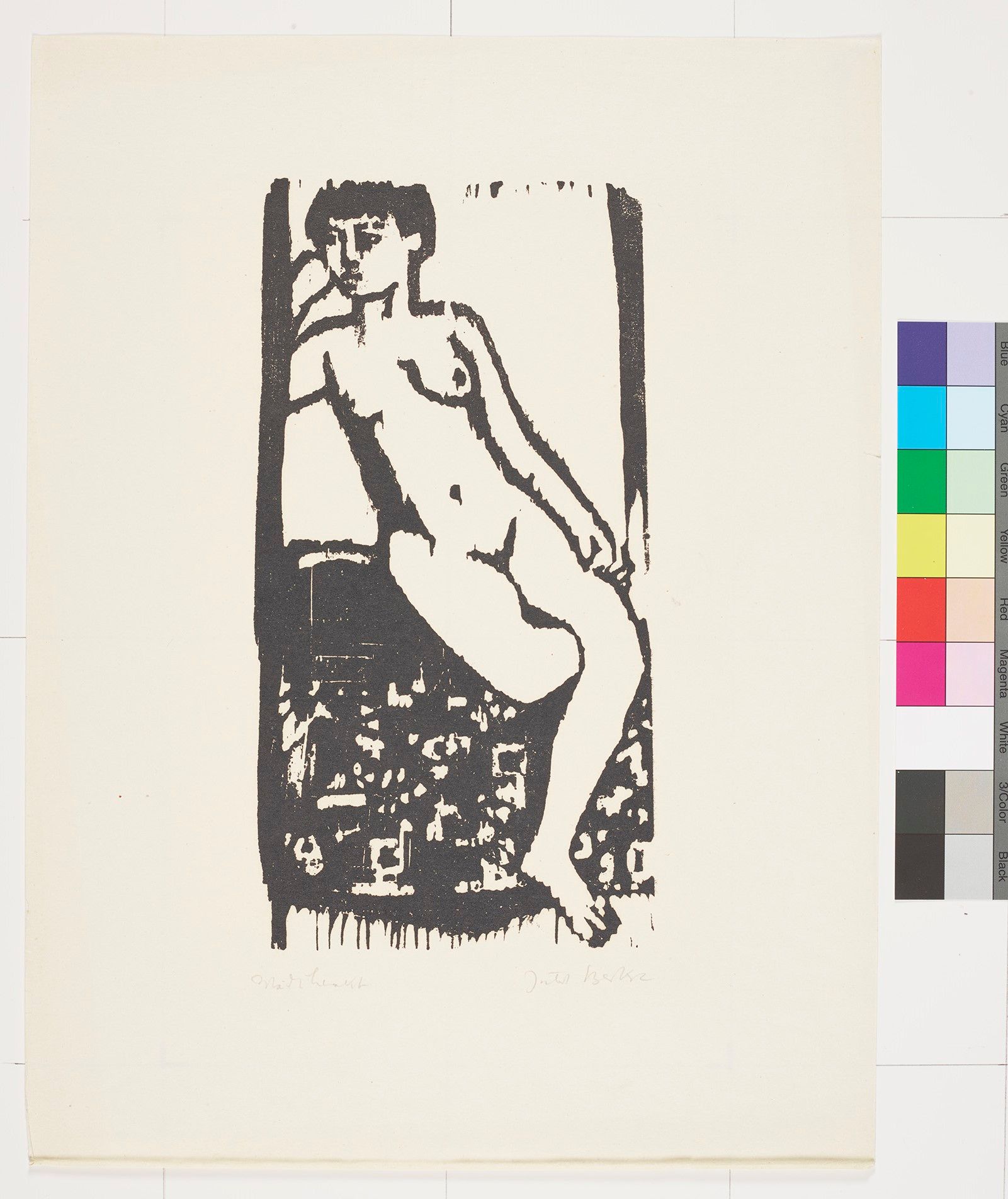 Eine sitzende nackte Frau mit einem Bein unter dem anderen.