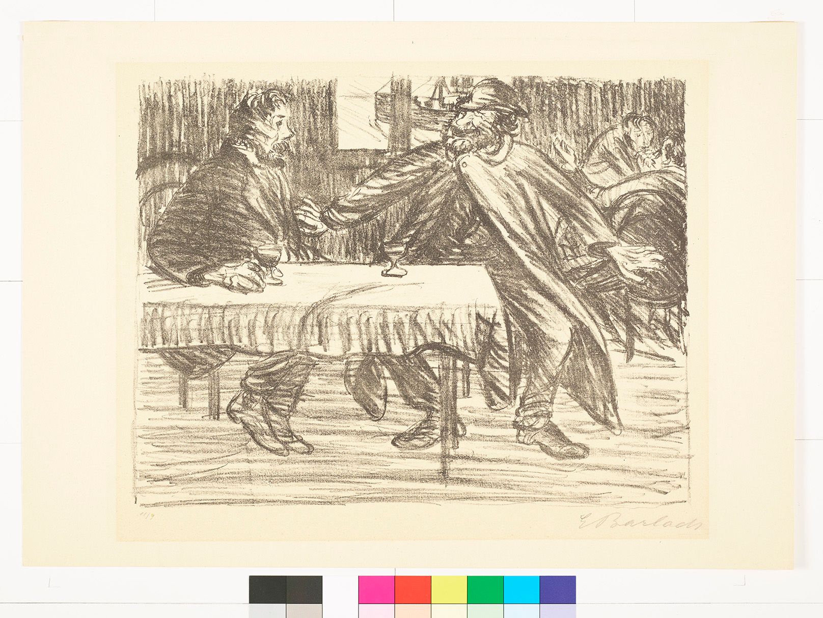 Skizze von zwei Männern am Tisch mit Wein Gläsern. Beide sind fein gekleidet.