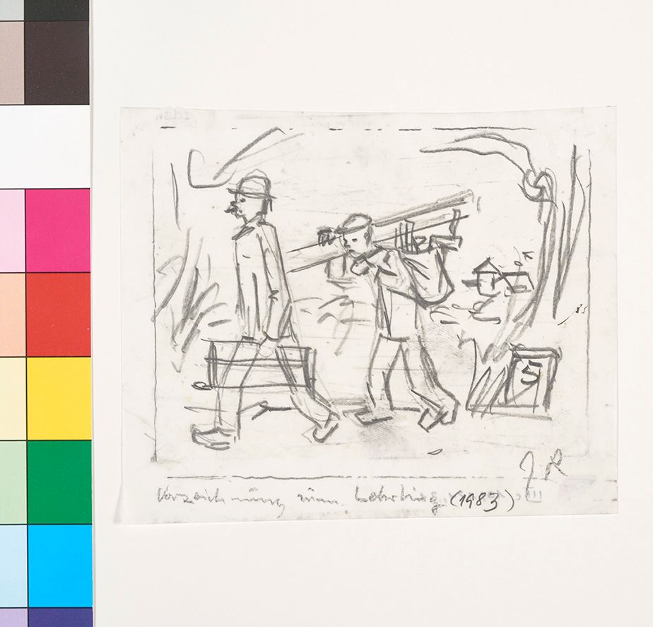 Skizze von zwei Arbeitern: der linke mit Melone raucht eine Zigarette und trägt einen Werkzeugkoffer, der andere Trägt eine Schiebermütze und hat balanciert einen Holzbalken über der Schulter und hat einen Beutel mit Werkzeug auf dem Rücken.Brtt