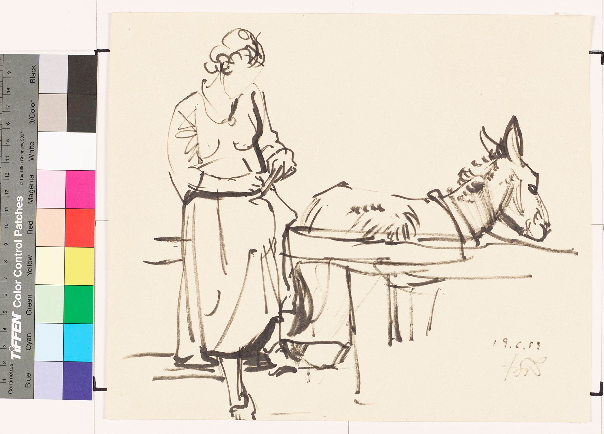 Skizze von einer Sitzenden Frau, die sich ein Pony anschaut und es zeichnet.