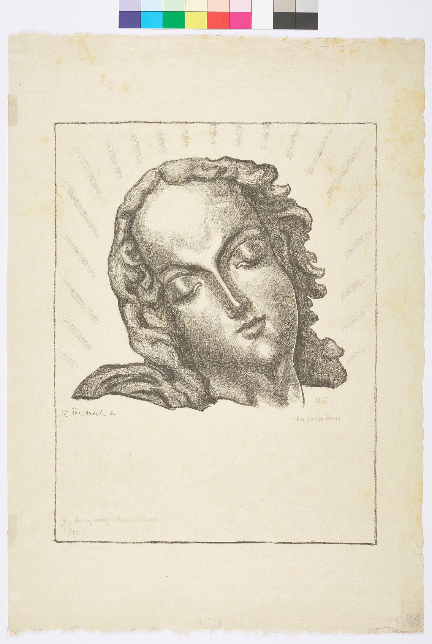 Zeichnung. Gesicht vom jungen Jesus mit geschlossenen Augen. 